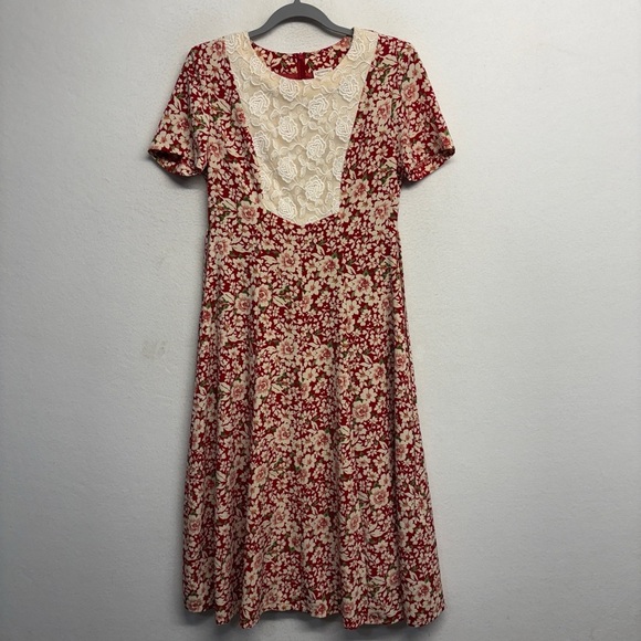 RKD Housk Dress VTG Small? 6? Red Floral VTG Shoulderpads - Picture 1 of 7